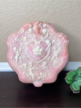 Vintage 1970s Incolay Stone Cherub Jewelry Box Pink Rococo Revival Cupid Relief